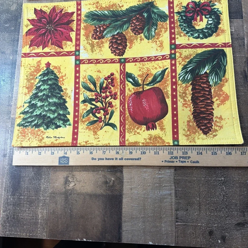 Vintage Helen Vladykina Christmas Linen Placemats Set of 4 Festive Botanical Art